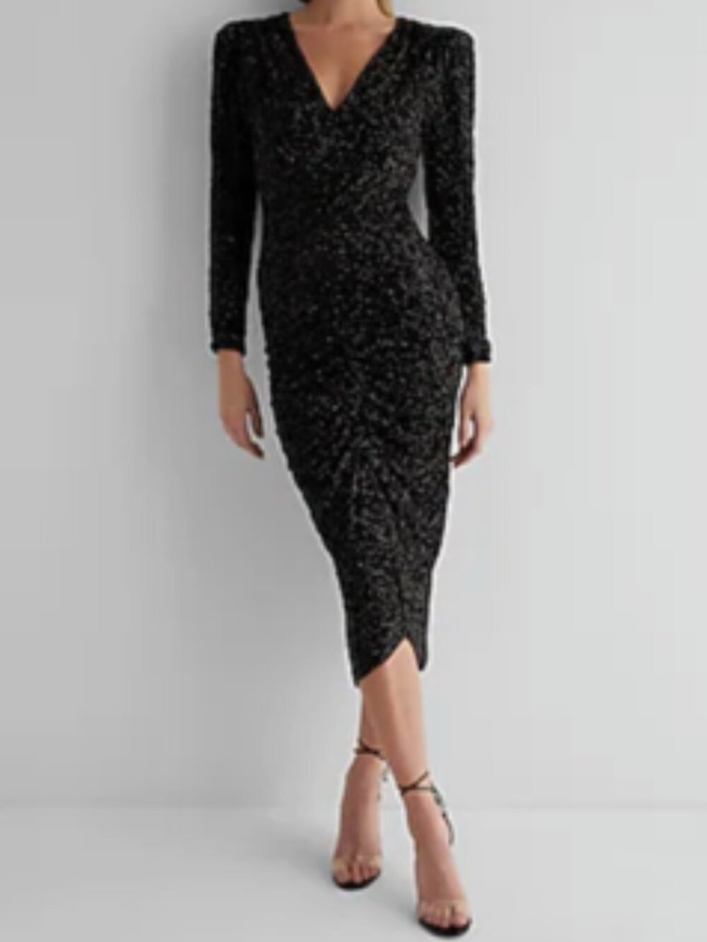 Express Black Sequin Vneck Rouched Long Sleeve Stretch Dress